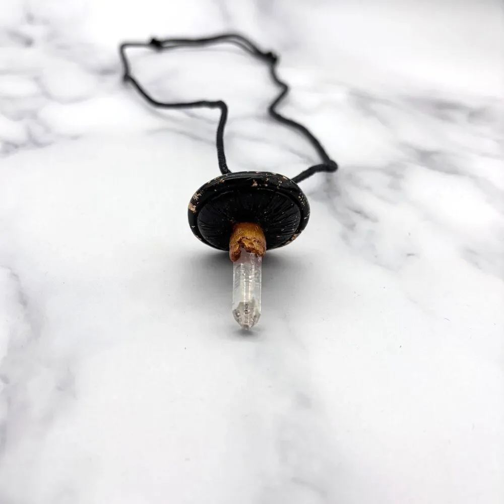 Black Mushroom Necklace with Quartz Crystal | Gold Leaf Polymer Clay Pendant